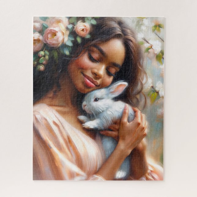 Quebra-cabeça Serene Black Woman With Rabbit Floral Art Puzzle (Vertical)