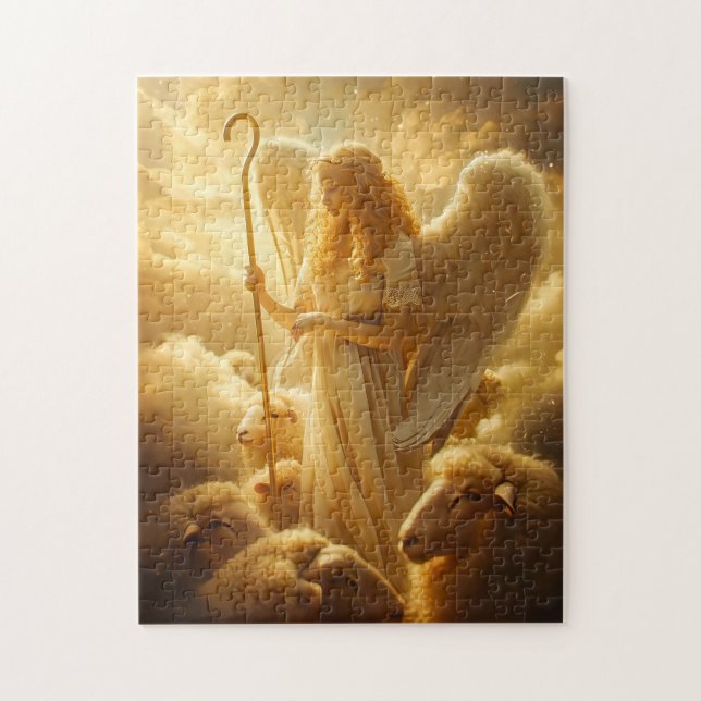 Quebra-cabeça Serenidade Celestial Anjo Feminino com Ovelha e Pa (Vertical)