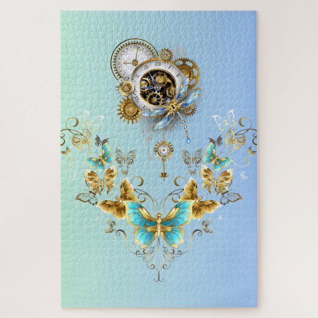 Quebra-cabeça Serenity Engine – Floral Mecânico em Azul-ciano (Vertical)