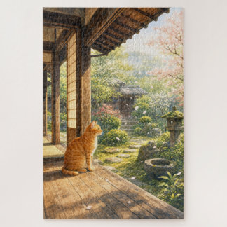 Quebra-cabeça series_3_10|Spring Sakura Veranda Tabby Cat Art