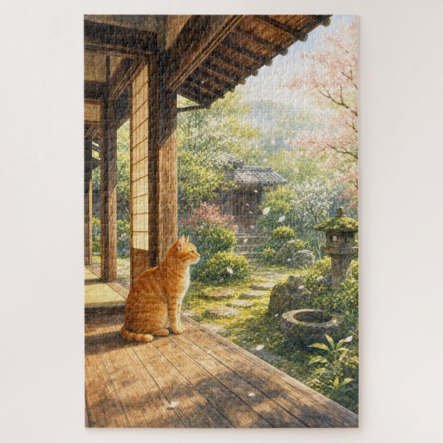 Quebra-cabeça series_3_10｜Spring Sakura Veranda Tabby Cat Art (Vertical)