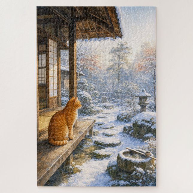 Quebra-cabeça series_3_7｜Winter Snow Veranda Tabby Cat Art  (Vertical)