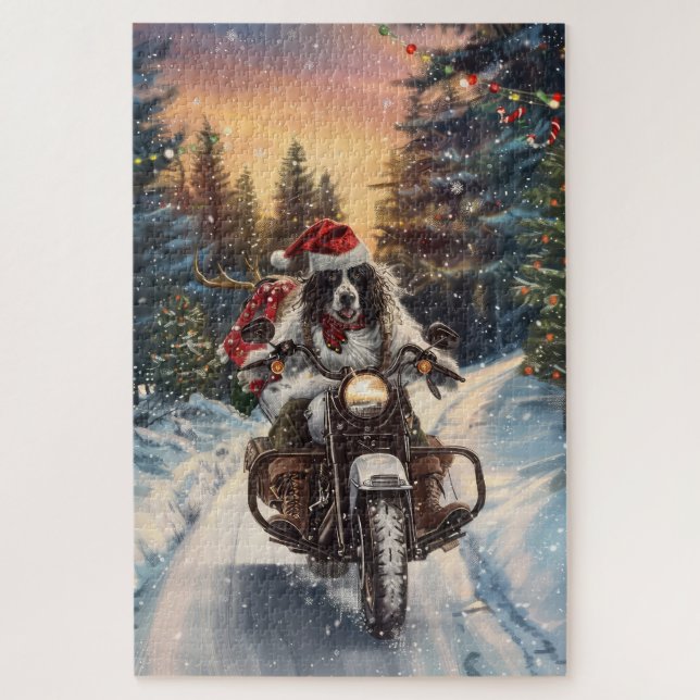 Quebra-cabeça Setter Inglês Cão Andando de Motocicleta Natal (Vertical)