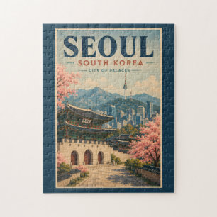 Quebra-cabeça Seul Coreia do Sul Ilustração Viagem Arte Vintage
