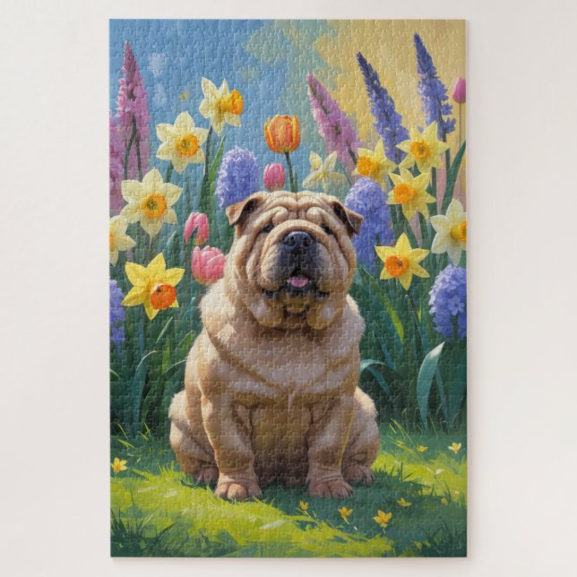 Quebra-cabeça Shar Pei Cachorro Flores de Mola (Vertical)