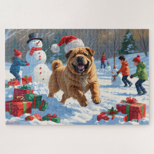 Quebra-cabeça Shar Pei Correndo na Neve com Chapéu de Natal