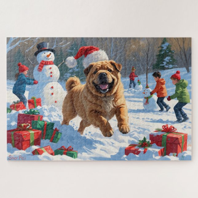 Quebra-cabeça Shar Pei Correndo na Neve com Chapéu de Natal (Horizontal)