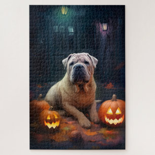 Quebra-cabeça Shar Pei de Halloween com Abóboras Assustadoras