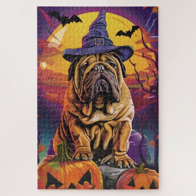 Quebra-cabeça Shar Pei Dog Halloween Bruxelles E Pumpkin (Vertical)