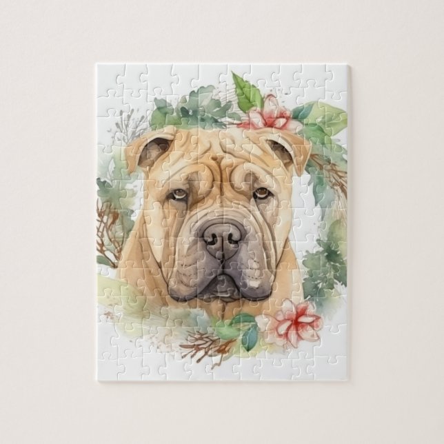 Quebra-cabeça Shar Pei Wreath Christmas Festivo Pup (Vertical)