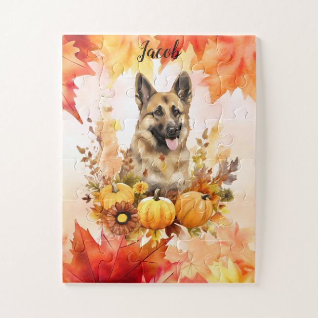 Quebra-cabeça Shepard alemão no outono personalizado (Vertical)