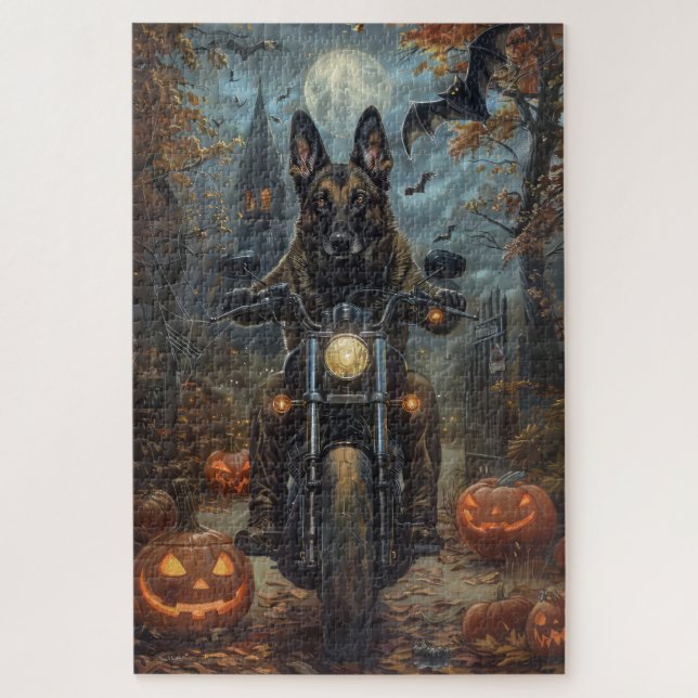 Quebra-cabeça Shepherd Belga Dirigindo Motocicleta Halloween Asc (Vertical)