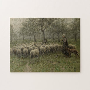 Quebra-cabeça Shepherdess com um rebanho dos carneiros, malva de