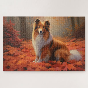 Quebra-cabeça Shetland Sheepdog nas Folhas de Outono Caídas Insp