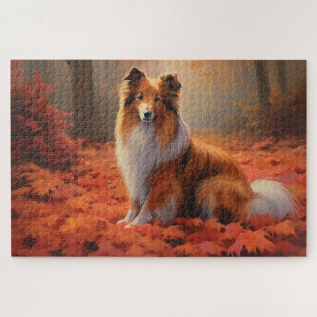 Quebra-cabeça Shetland Sheepdog nas Folhas de Outono Caídas Insp (Horizontal)