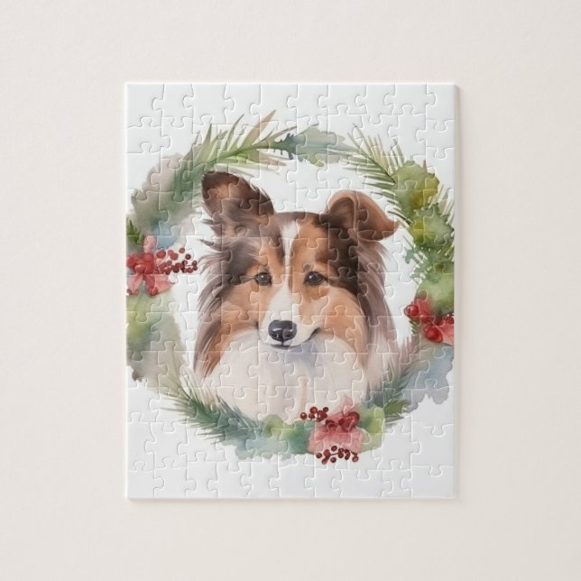 Quebra-cabeça Shetland Sheepdog Wreath Festivo Pup (Vertical)