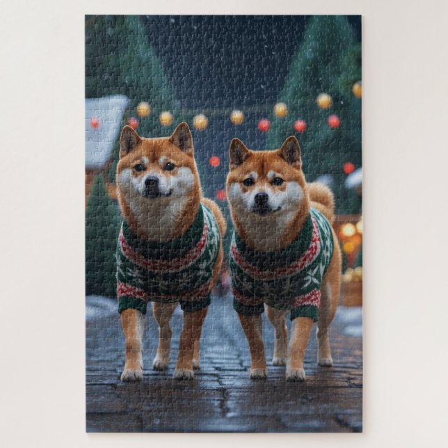 Quebra-cabeça Shiba Inu Dogs Christmas Snow Holiday (Vertical)