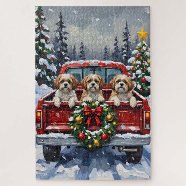 Quebra-cabeça Shih Tzu Christmas Red Truck Holiday (Vertical)