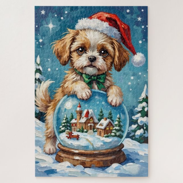 Quebra-cabeça Shih Tzu inside Christmas Snow Globe Hat (Vertical)
