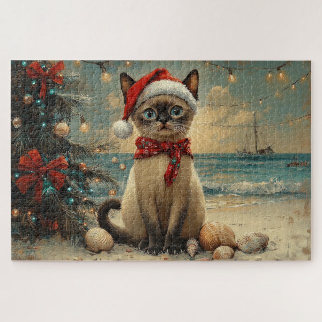 Quebra-cabeça Siamese Cat Christmas Vintage Beach (Horizontal)