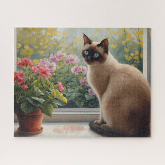 Quebra-cabeça Siamese Cat in the Window with Garden View