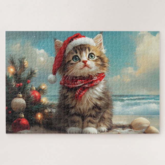 Quebra-cabeça Siberian Cat Christmas Vintage Beach (Horizontal)