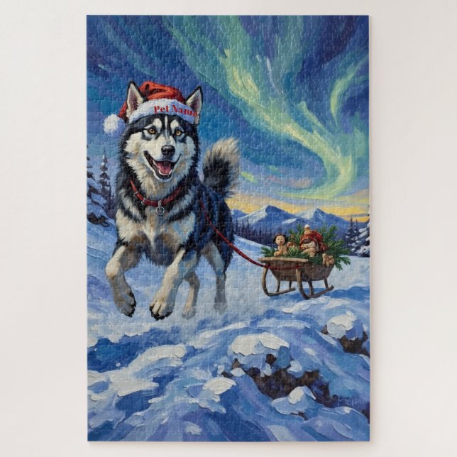 Quebra-cabeça Siberian Husky Arctic Sled Run Christmas Hat (Vertical)