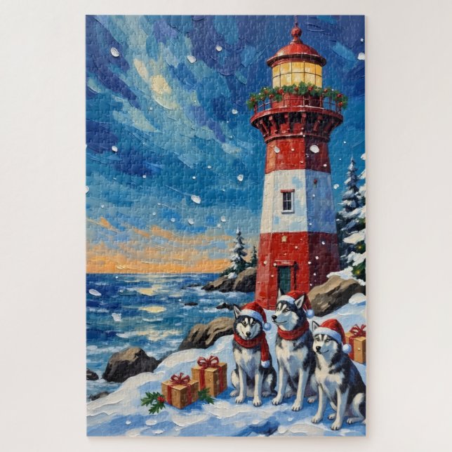 Quebra-cabeça Siberian Husky Christmas Lighthouse Holiday (Vertical)