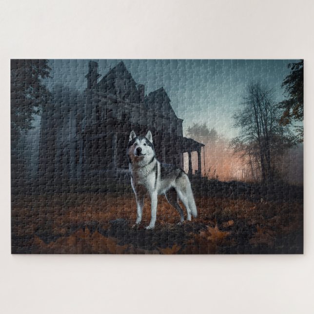 Quebra-cabeça Siberian Husky Dia das Bruxas Assustador (Horizontal)