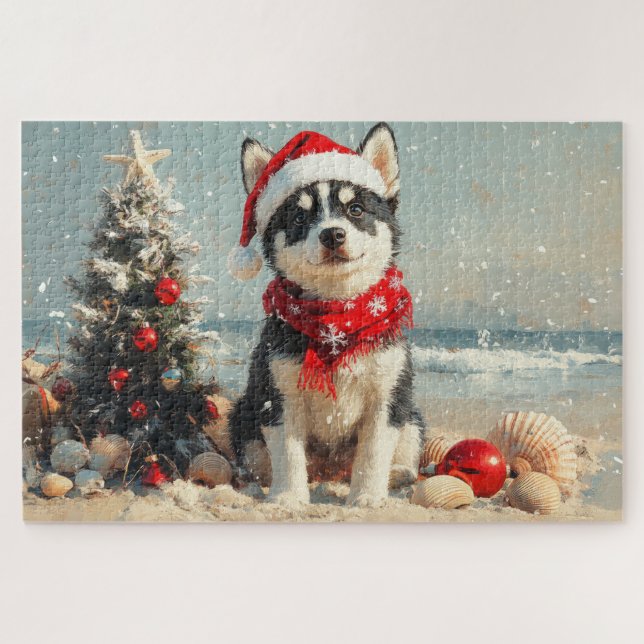 Quebra-cabeça Siberian Husky Dog Christmas Vintage Beach (Horizontal)