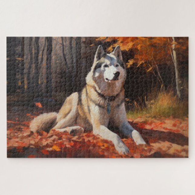 Quebra-cabeça Siberian Husky no Outono Folhas Caídas Inspiram (Horizontal)