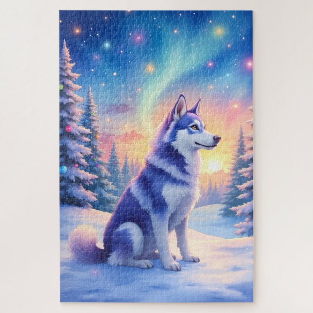 Quebra-cabeça Siberian Husky Northern Lights Christmas Winter (Vertical)