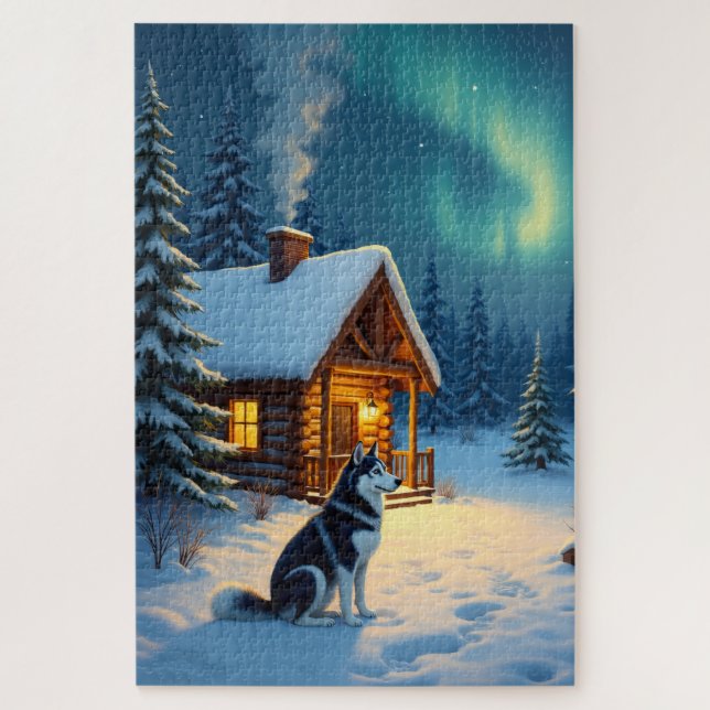 Quebra-cabeça Siberian Husky Snowy Cabin Christmas Painting (Vertical)