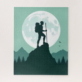 Quebra-cabeça Silhouette Hiker on Peak with Moon and Mountains