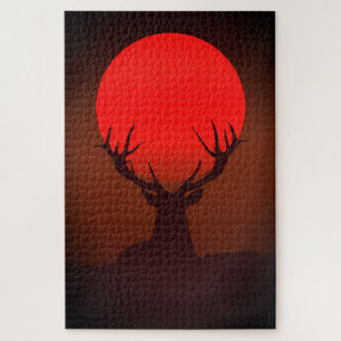 Quebra-cabeça Silhueta de Veado com Pôr do Sol Vermelho Fervoros