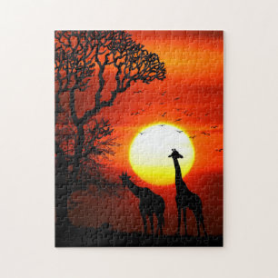 Quebra-cabeça Silhuetas africanas do girafa do por do sol do