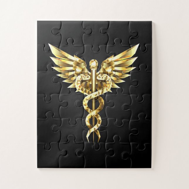 Quebra-cabeça Símbolo Poligonal Dourado Caduceus (Vertical)
