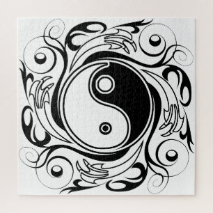 Quebra-cabeça Símbolo Yin & Yang Preto e Branco Estilo Tatuagem