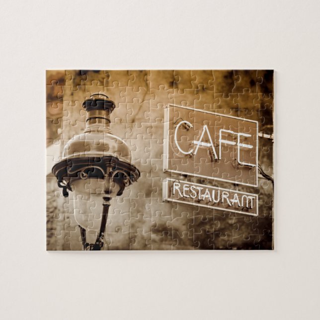 Quebra-cabeça Sinal de café em sepia, Paris, França (Horizontal)