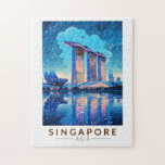 Quebra-cabeça Singapura Marina Bay Night Viagem Art Vintage<br><div class="desc">Singapura retro vetor viagem design. Marina Bay é uma área de alto escalão de arranha-céus,  hotéis elegantes e shoppings de luxo. É conhecida pela torre da roda-gigante Singapura Flyer Ferris e pelos conservatórios de flores e superárvores coloridas de jardins pela baía.</div>