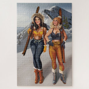 Quebra-cabeça "Ski Bunnies" Retro Pinup Meninas Esquiando Arte