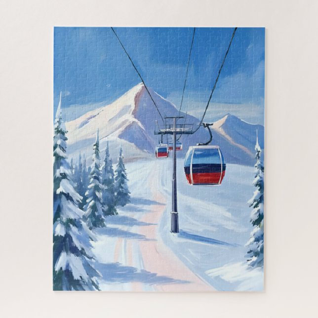 Quebra-cabeça Ski Lift | Snow Mountain Gondola Watercolor (Vertical)