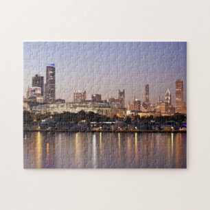 Quebra-cabeça Skyline dos EUA, Illinois, Chicago no crepúsculo