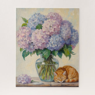 Quebra-cabeça Sleeping Ginger Cat and Hydrangeas