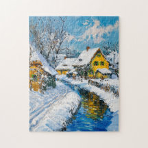 Snowy Village with Stream and Trees Fantasy Painti