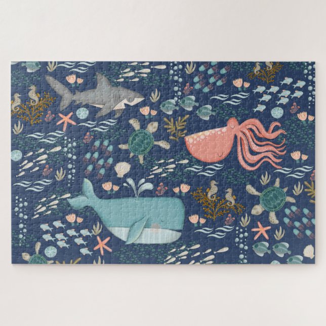 Quebra-cabeça Sob o Mar Aquarela Animais Arte Oceânica (Horizontal)