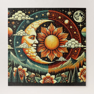 Quebra-cabeça Sol e Lua Caprichosos em um Cosmos Surreal