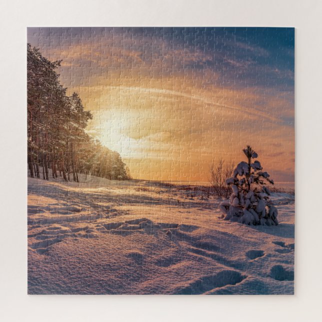 Quebra-cabeça Sol sobre neve, costa marítima de inverno (Vertical)