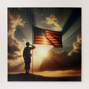 Quebra-cabeça Soldado Americano Apreciando A Bandeira