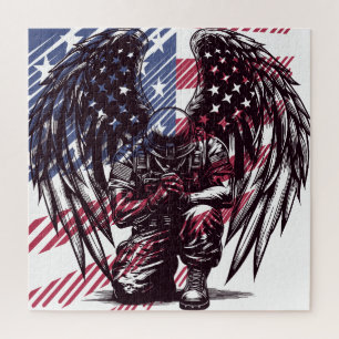 Quebra-cabeça Soldado Americano Rezando Arte da Bandeira dos EUA